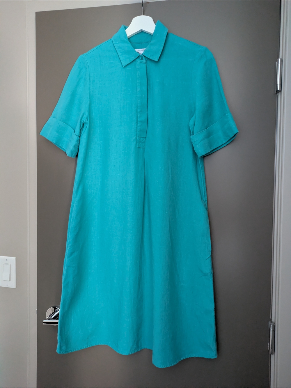 100% Linen Chico's Size 4 Teal Button-Front Collar Dress Summer Coastal Resort